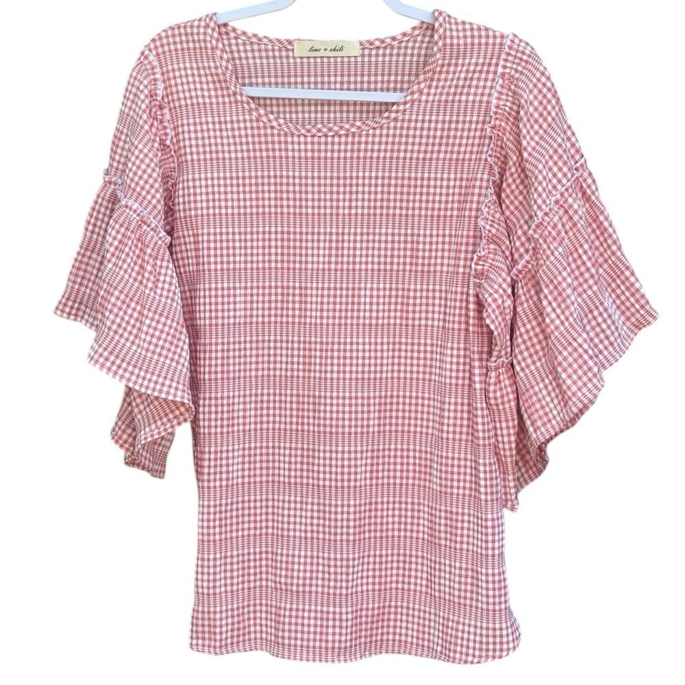 Lime + Chili Pink Gingham Checkered Print Pull Over Shirt Size M